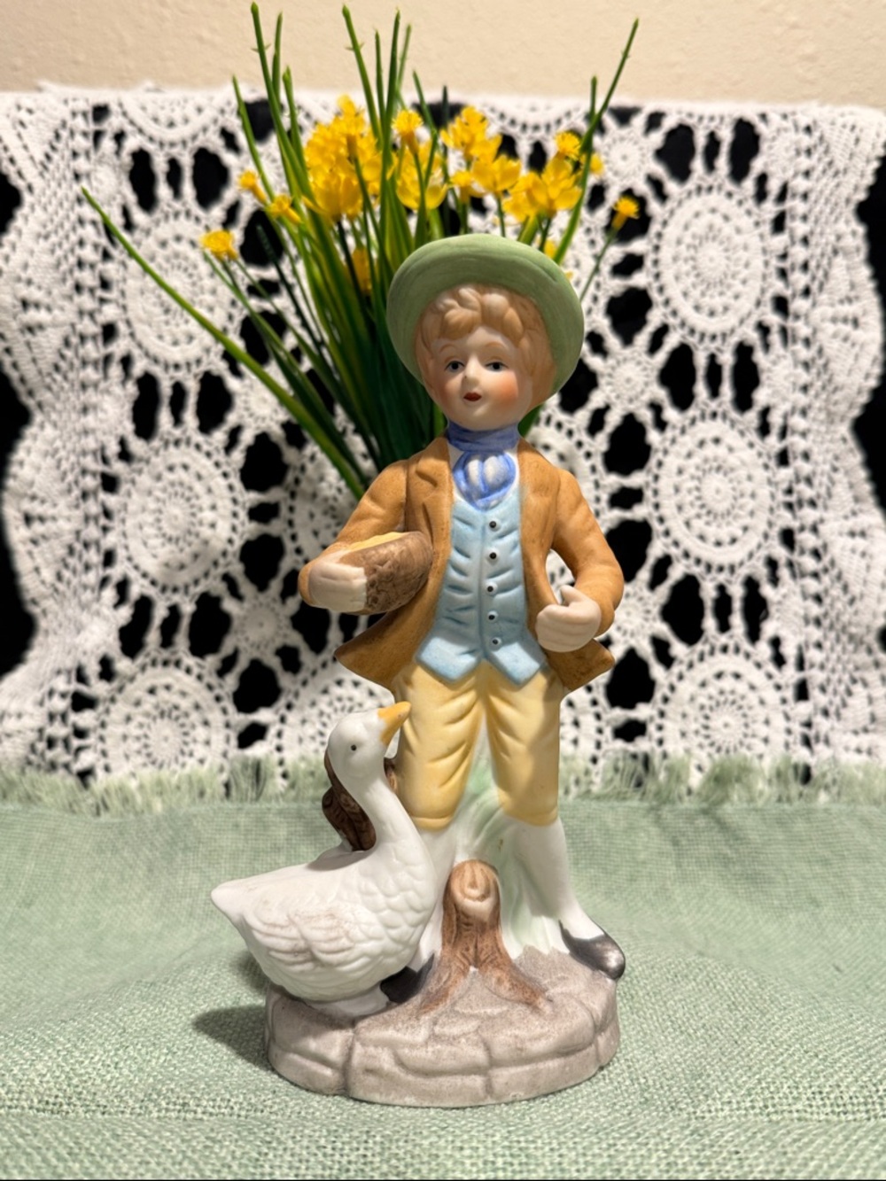 Lefton-like Porcelain-like Boy Figurine with A Goose - White and Pastel Colors